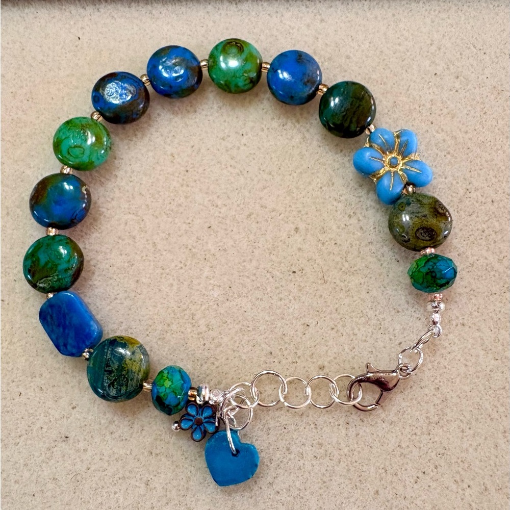 Blue and Green Czech Glass Beaded Bracelet with silver findings